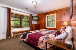 een slaapkamer met een bed en een tv erin bij Adventure Lodge in Gatlinburg