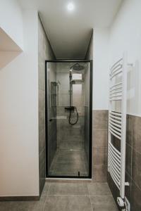 a shower with a glass door in a bathroom at Gaudyhouse in Berlin