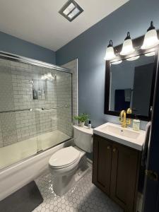a bathroom with a toilet and a sink and a shower at Delightful 3 Bd Home with King size bed, hot tub, playground! in Indianapolis +39 photos