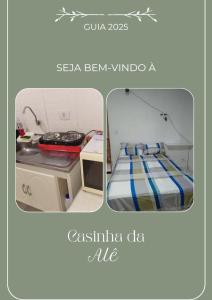 two pictures of a room with a bed and a desk at Casinha da Alê in Mongaguá