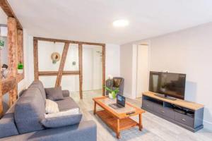 a living room with a couch and a tv at Le Rapp - Historic Center - Bright - 60m 2 in Colmar