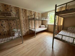 a room with three bunk beds and a window at Queen Mongolia Guest House in Dzuunmod +11 photos