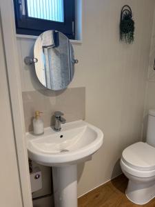 a bathroom with a sink and a toilet at The Snug in Yeovil +12 photos