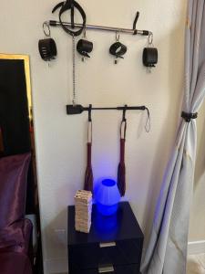 凤凰城Adult-only guesthouse with HOT TUB and KING BED的客厅里有一张桌子，桌子上的架子上放着耳机。 更多5张照片