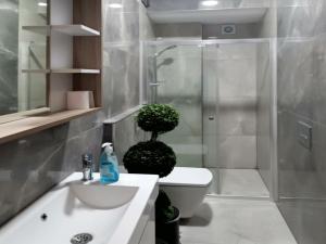 Un baño con ducha, inodoro y lavabo. en Valide i Suit, en Estambul 32 fotos más