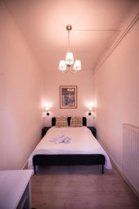 a bedroom with a large white bed with a chandelier at Appart Centre-ville, Cathédrale, Petite France in Strasbourg +18 photos