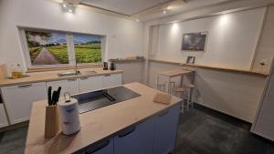 a large kitchen with a sink and a counter top at Mitten im Saarland in Heusweiler