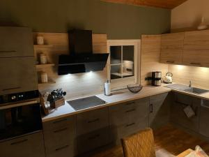 a kitchen with wooden cabinets and a counter top at Blockhaus am Edersee in Vöhl