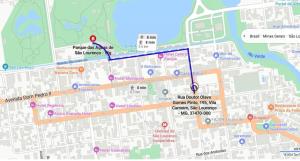 una mappa di una città con linea blu di Pousada Encanto Das Águas a São Lourenço
