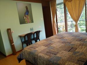 a bedroom with a bed and a table and a window at Mashpi Amagusa Lodge in Mashpi