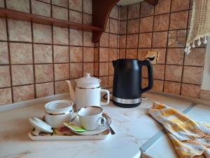 a kitchen counter with two coffee cups on a plate at Dinaki apartment in Florina