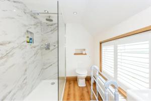 a bathroom with a shower and a toilet and a sink at Ceres Cottage Huntingdon in Huntingdon