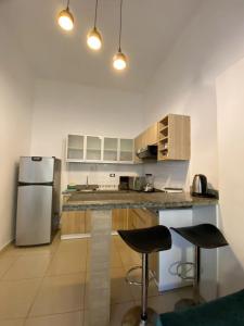 a kitchen with a counter and a refrigerator at Lince Apartments in Lima