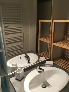 a bathroom with a sink and a mirror at Gite Clarabide in Loudenvielle