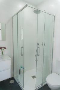 a bathroom with a glass shower and a toilet at Casa Pitoresca - Refugio Esposende in Gemeses
