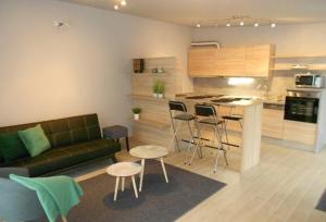 a living room with a couch and a kitchen at Gabi Papa Apartman in Pécs