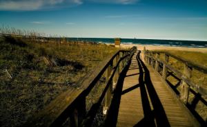 um calçadão de madeira para a praia com o oceano em Blu Mare em Punta Marina