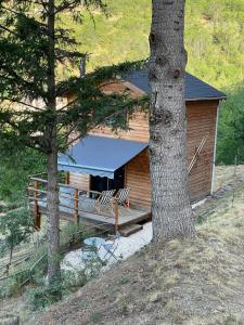 a log cabin with a porch and a tree at chalet bois montagne Urbanya Occitanie in Urbanya +14 photos