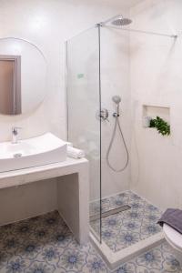un baño con ducha y lavabo en Milies Memories Pelion, en Milies