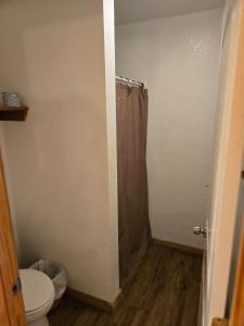 a bathroom with a toilet and a shower curtain at Texas Star Lodges in Floresville +14 photos