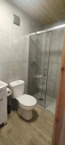 Un baño con ducha, inodoro y lavabo. en Domek Czarnucha, en Augustów