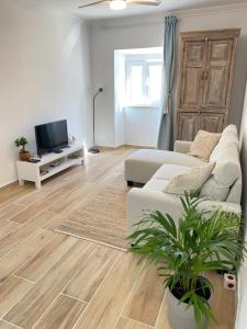 a living room with a couch and a tv at Casa do Sol in Sagres
