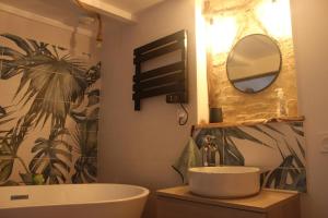 ein Badezimmer mit Waschbecken, Spiegel und Badewanne in der Unterkunft Studio cosy & ses troglos "Chez Evariste"  + 55 Fotos