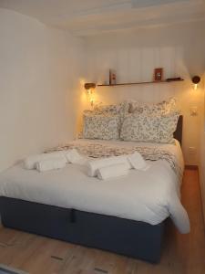 ein Schlafzimmer mit einem großen Bett und Kissen in der Unterkunft Studio cosy & ses troglos "Chez Evariste" 