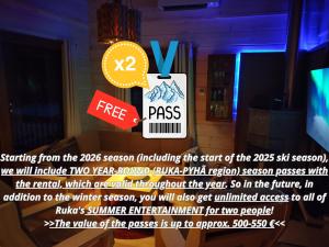 鲁卡Ruka Star, 2 x Allround pass, linen&towels, E-car char-ger, Final clea-ning, all included!的窗户上贴有招牌的餐厅传单