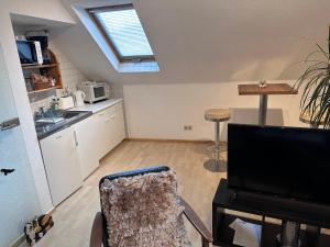 sala de estar con cocina con tragaluz en Apel Apartments 2, en Nörten-Hardenberg