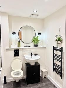 a bathroom with a toilet and a sink and a mirror at Lux Stays - 2BR Leeds City Centre Apartment - Ground Floor with Free Parking in Leeds +18 photos