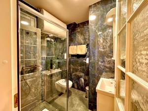 a bathroom with a shower and a toilet and a sink at Traditional Narva House - Triumvirate 6 in Narva