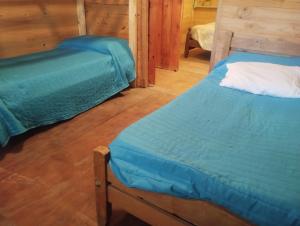 two beds in a room with wooden floors at Cabaña La Florencia Domselaar in Domselaar +30 photos