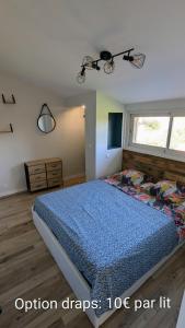 a bedroom with a bed with a blue comforter at #Maison chaleureuse sur les hauteurs d'Aubiac# in Aubiac
