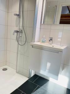 ヴッパータールにあるHaus Mees Appartementsのシャワーと洗面台付きのバスルーム