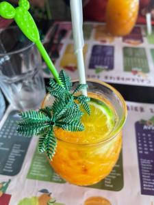 a glass jar of orange juice with a christmas tree on top at Rayon des îles bien désiré in Saint-François +12 photos