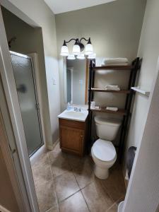 Un baño con inodoro, lavabo y ducha. en Dunnstown Lodge, en Lock Haven