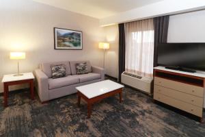 un salon avec un canapé et une télévision à écran plat dans l'établissement Hampton by Hilton Chihuahua, à Chihuahua