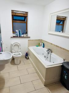 a bathroom with a tub and a toilet and a sink at Detached house in Newtown Mount Kennedy