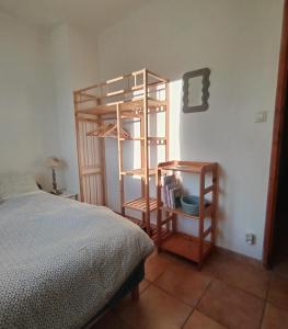 ein Schlafzimmer mit Bücherregal neben einem Bett in der Unterkunft CHAMBRE PRIVEE chez l'HABITANT SALLE d'eau WC Privatifs in La Saulce