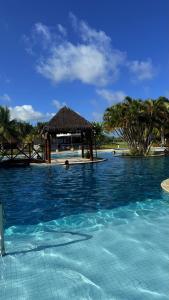 a resort swimming pool with a straw umbrella and palm trees at Apartamento no Iloa Residence - Com Enxoval Completo in Barra de São Miguel