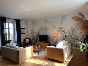 a living room with two couches and a tv at Les libellules, maison de ville, classé 4 étoiles avec baignoire spa à Dinan Lanvallay in Lanvallay