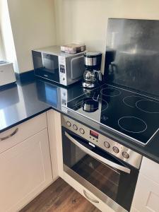 a kitchen with a stove and a microwave at Apartment Versteck am Hug in Jüterbog