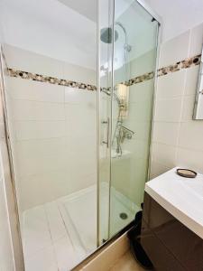 a shower with a glass door in a bathroom at Soleilcaraïbe Studio - direct beach access Gosier in Le Gosier +30 photos