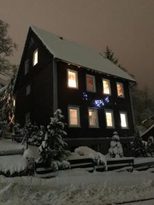 ein Haus mit Weihnachtslichtern im Schnee in der Unterkunft Moderne Ferienwohnung - Top Lage nahe Skigebiet & Wanderwegen in Sankt Andreasberg