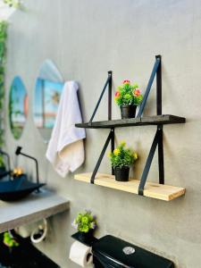 a bathroom with two shelves with plants on it at Na Casa Delas Jericoacoara in Jericoacoara