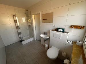 a bathroom with a toilet and a sink and a shower at Das Gerhards in Wolfhagen +8 photos