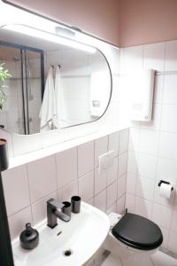 a bathroom with a toilet and a sink and a mirror at Kassel Rooms - Davinci Apartment in Kassel