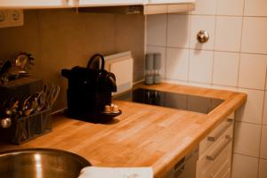 a kitchen with a wooden counter top with a sink at Kassel Rooms - Davinci Apartment in Kassel