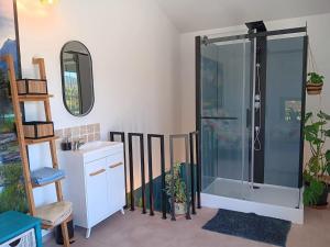 une salle de bain avec une douche avec un lavabo et un miroir dans l'établissement La Batisse, à Livron-sur-Drôme
